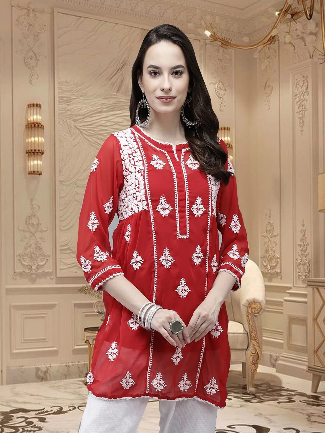 Ada Hand Embroidered Red Georgette Lucknowi Chikankari Flared Kurti With Slip A911148