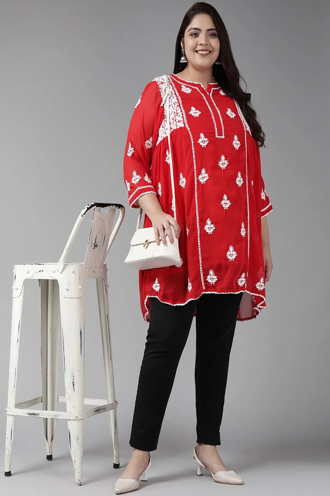 Ada Hand Embroidered Red Georgette Lucknowi Chikankari Flared Kurti With Slip A911148