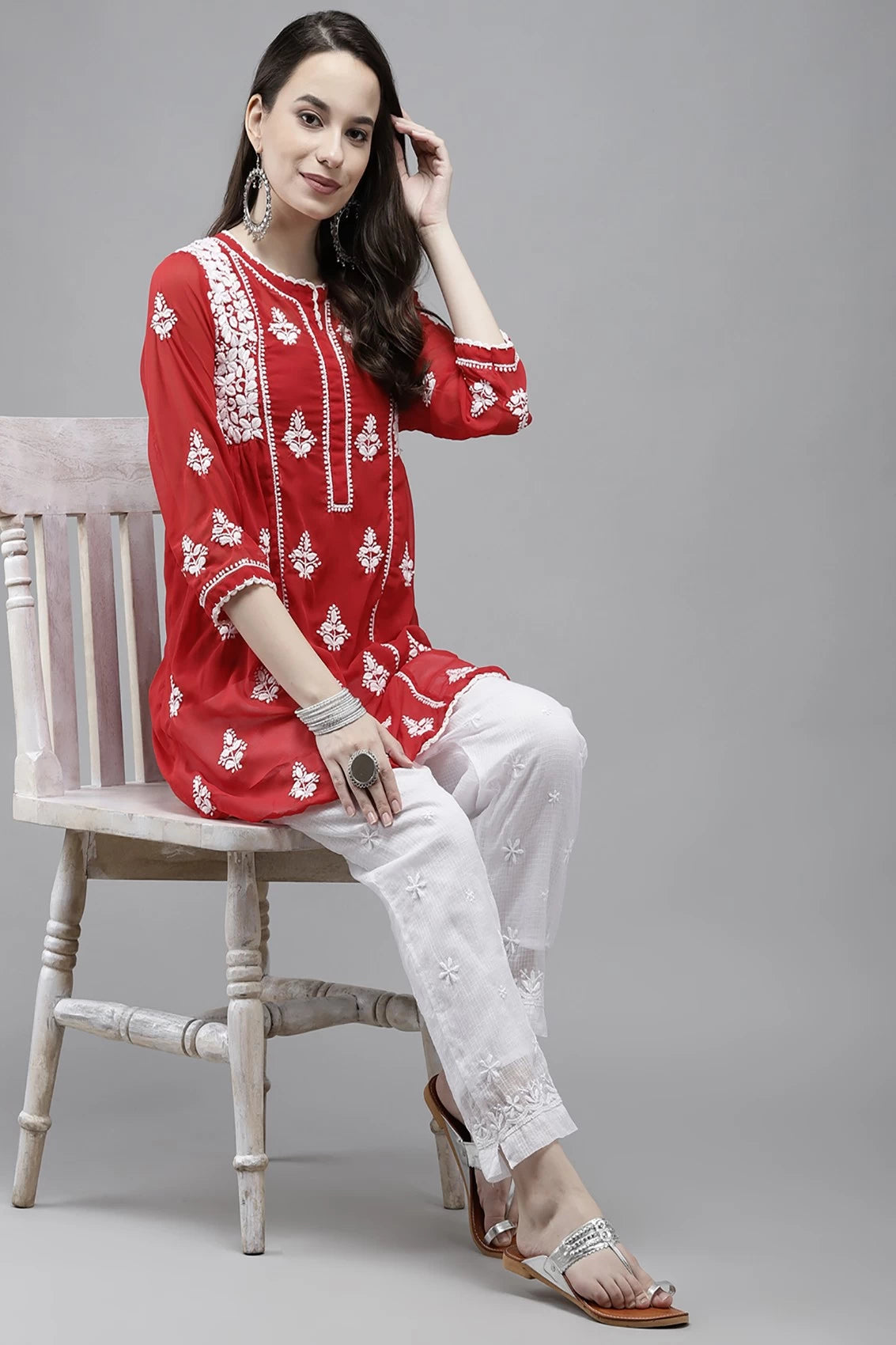 Ada Hand Embroidered Red Georgette Lucknowi Chikankari Flared Kurti With Slip A911148