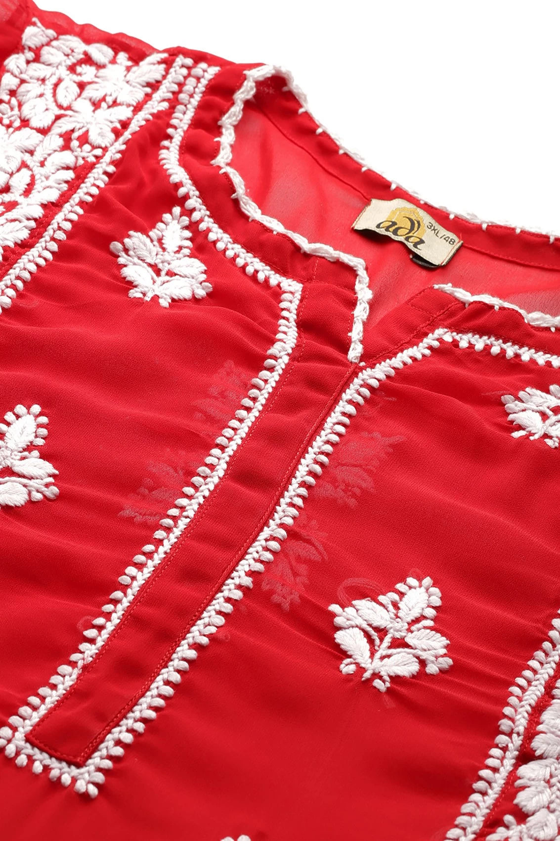 Ada Hand Embroidered Red Georgette Lucknowi Chikankari Flared Kurti With Slip A911148