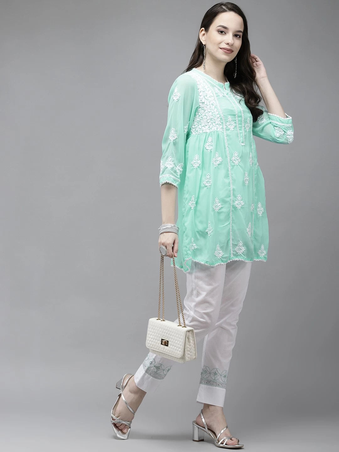 Ada Hand Embroidered Sea Green Georgette Lucknowi Chikankari Flared Kurti With Slip A911146