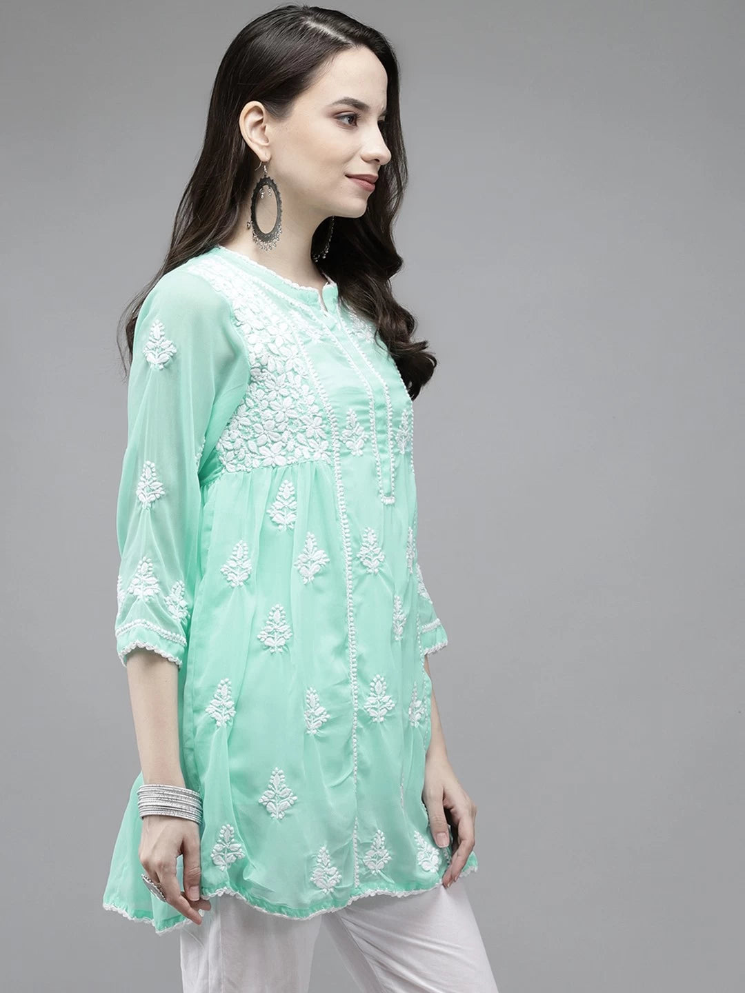 Ada Hand Embroidered Sea Green Georgette Lucknowi Chikankari Flared Kurti With Slip A911146