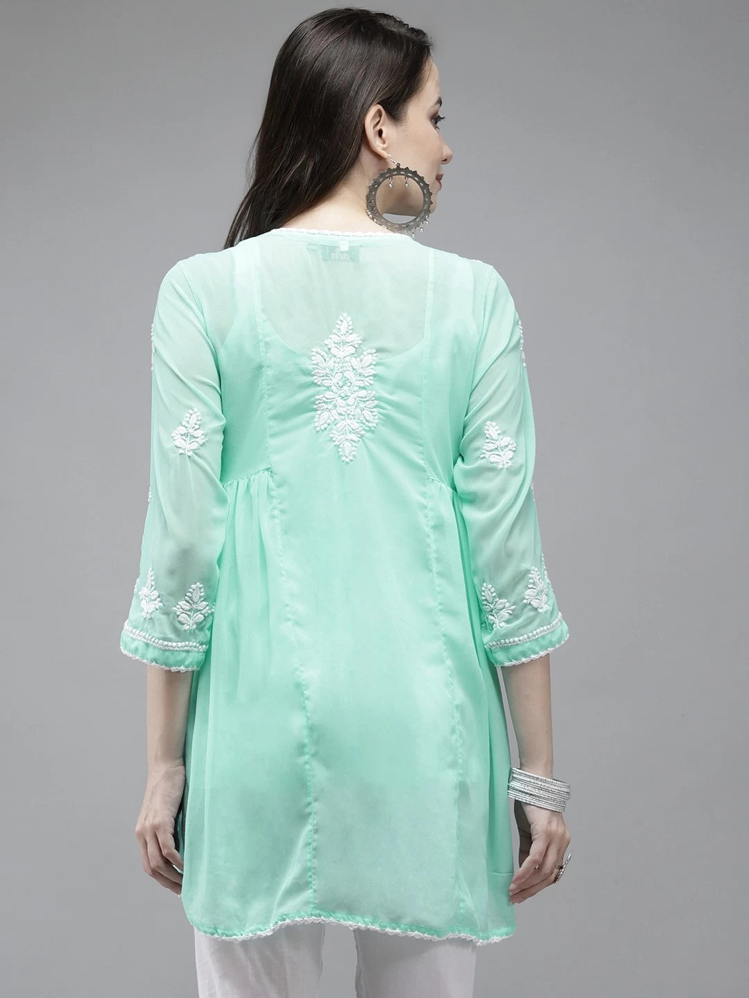 Ada Hand Embroidered Sea Green Georgette Lucknowi Chikankari Flared Kurti With Slip A911146