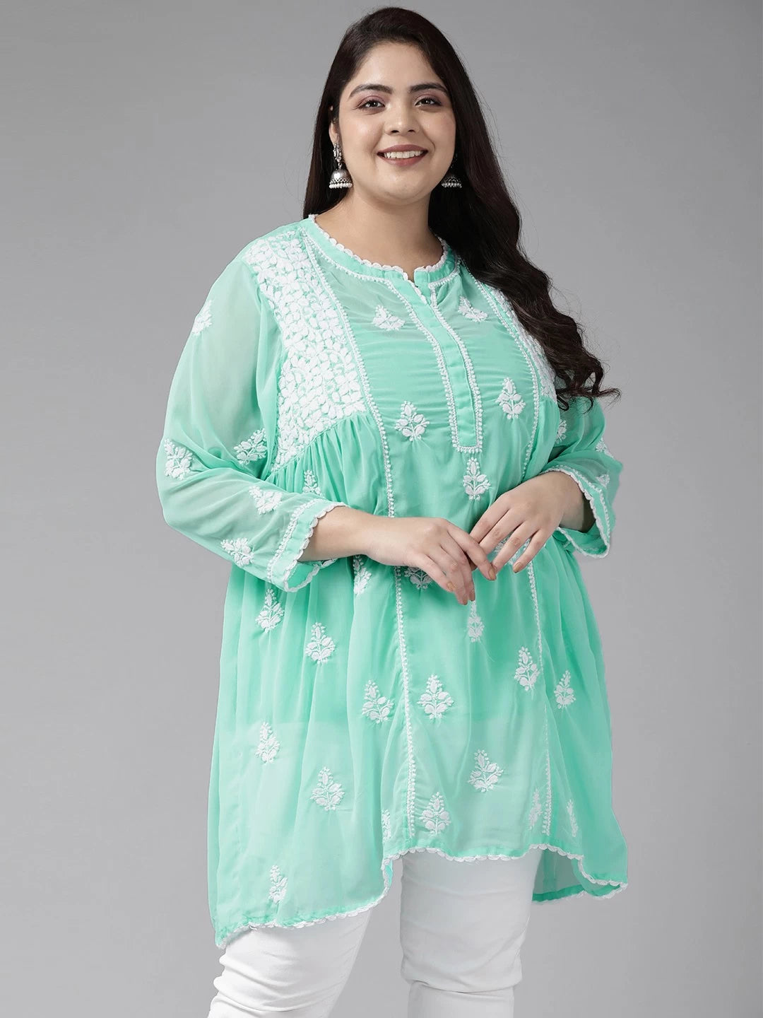 Ada Hand Embroidered Sea Green Georgette Lucknowi Chikankari Flared Kurti With Slip A911146