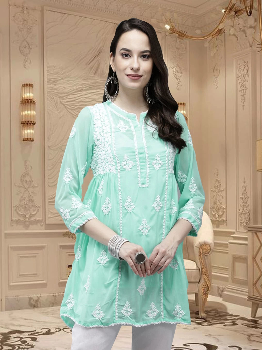 Ada Hand Embroidered Sea Green Georgette Lucknowi Chikankari Flared Kurti With Slip A911146