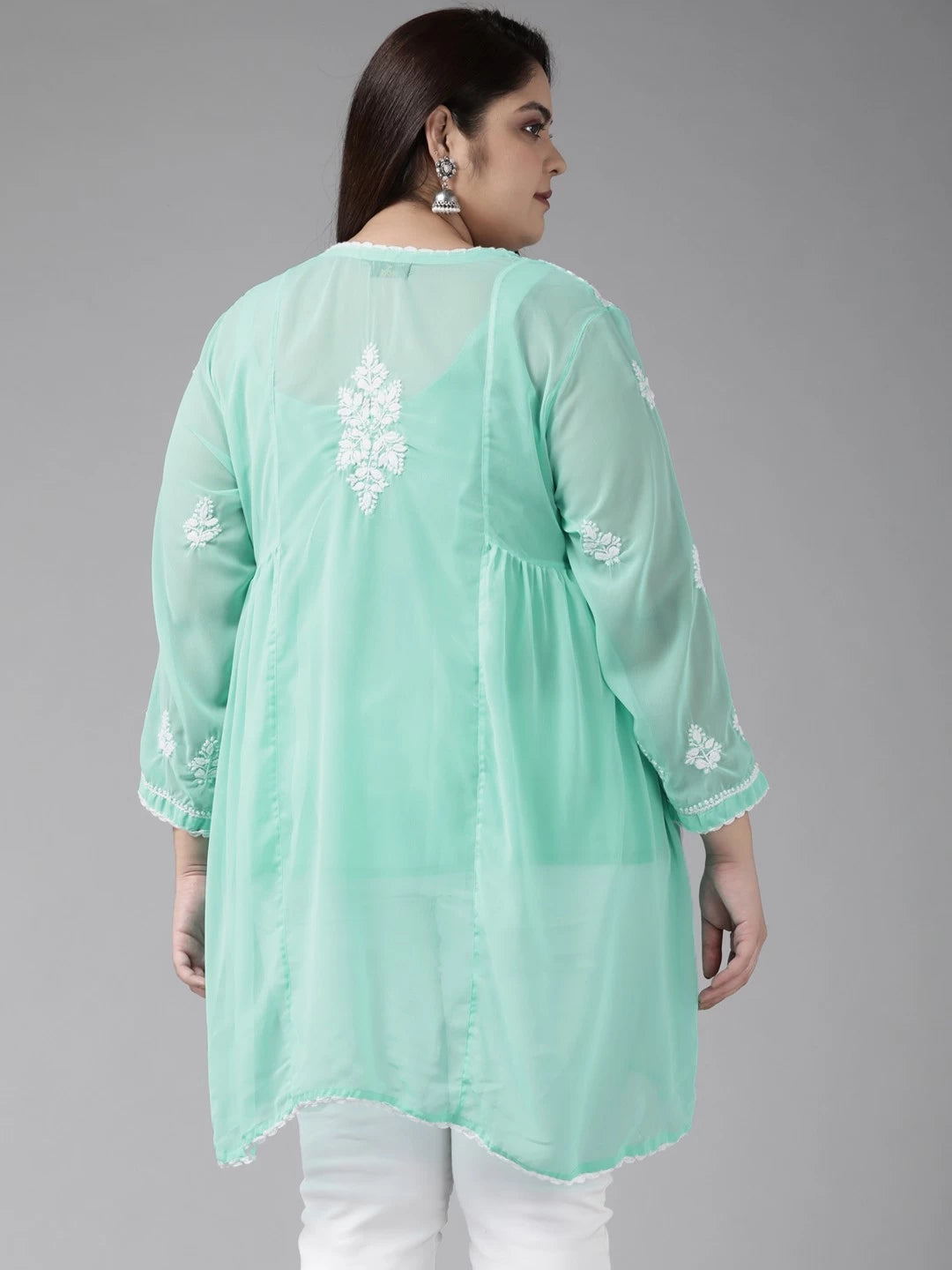Ada Hand Embroidered Sea Green Georgette Lucknowi Chikankari Flared Kurti With Slip A911146