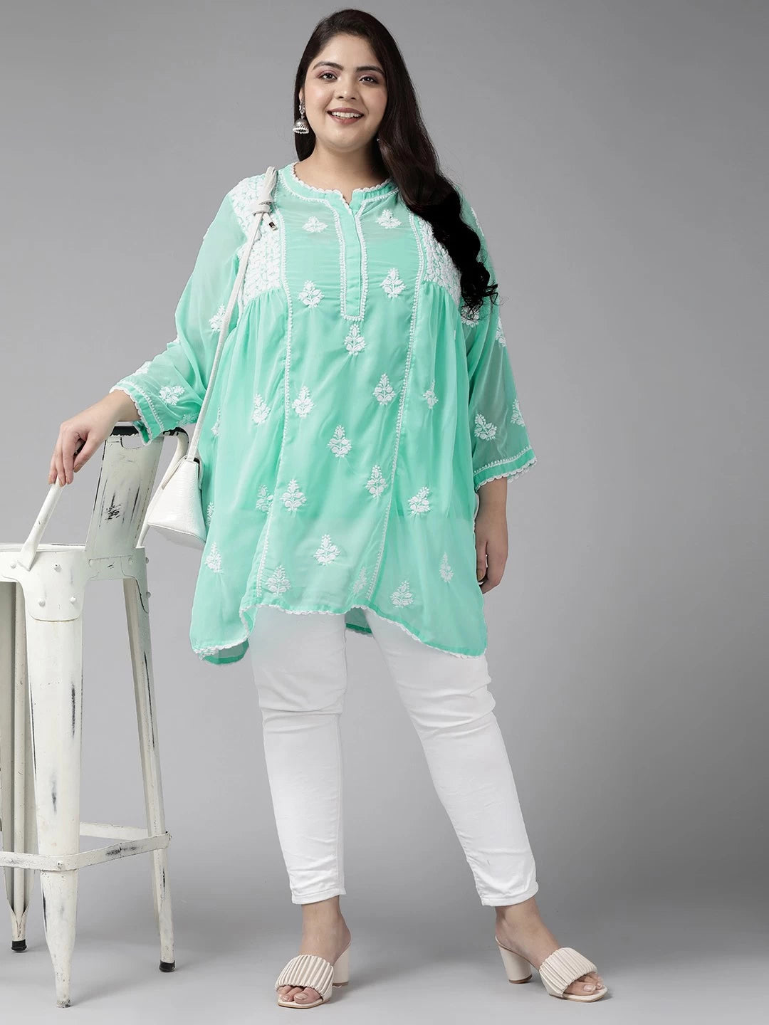 Ada Hand Embroidered Sea Green Georgette Lucknowi Chikankari Flared Kurti With Slip A911146