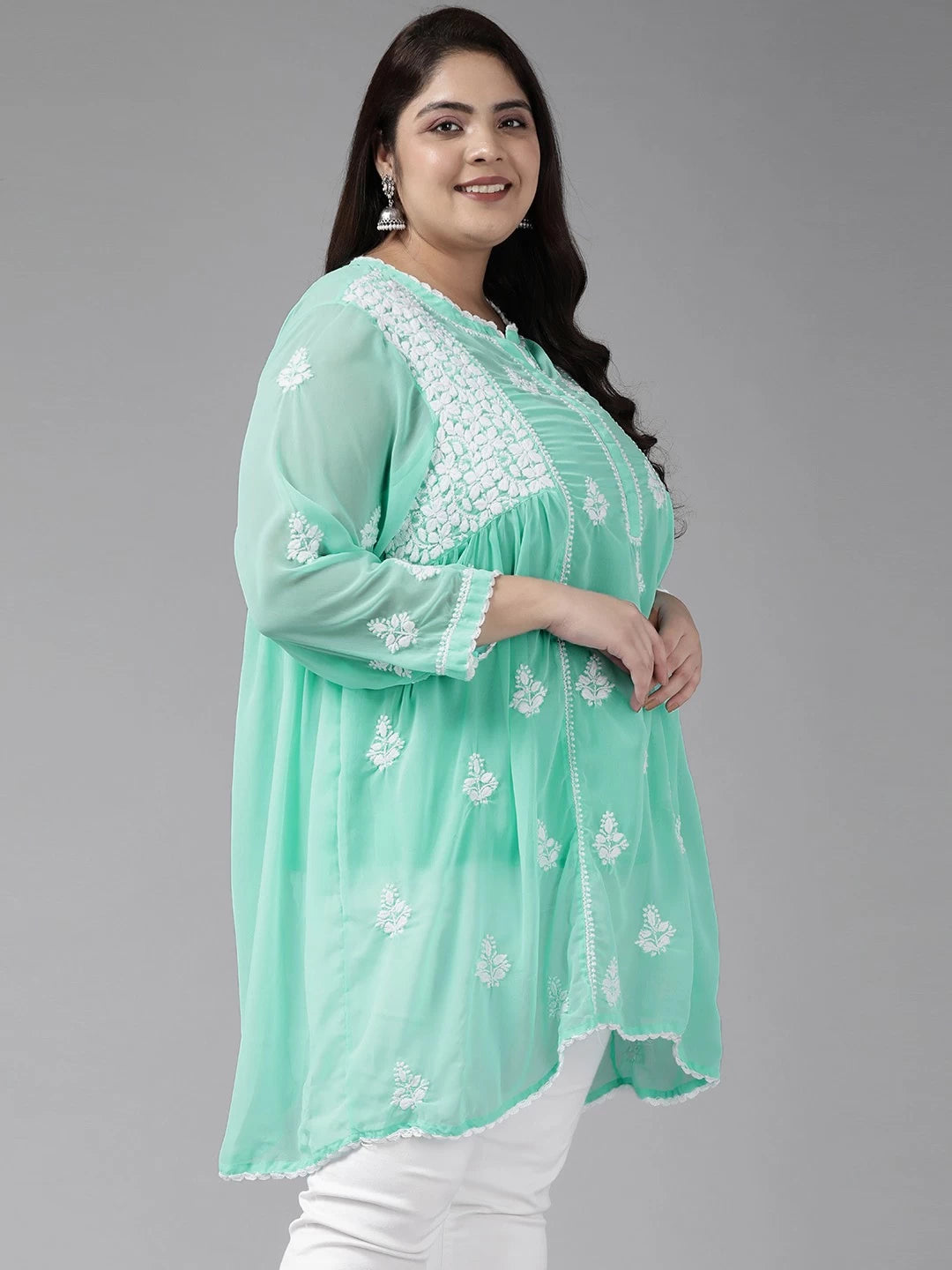 Ada Hand Embroidered Sea Green Georgette Lucknowi Chikankari Flared Kurti With Slip A911146