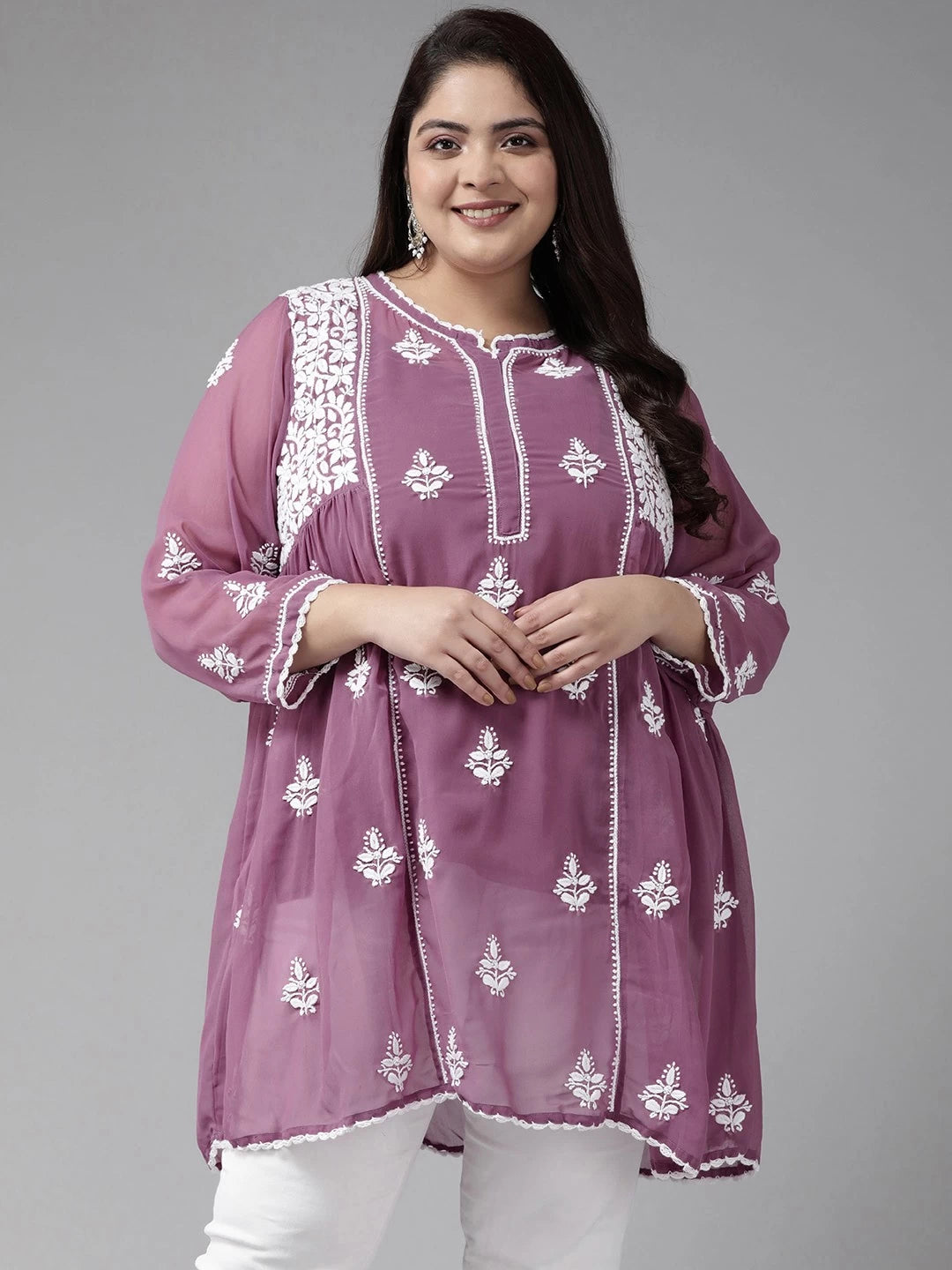 Ada Hand Embroidered Mauve Georgette Lucknowi Chikankari Flared Kurti With slip A911150