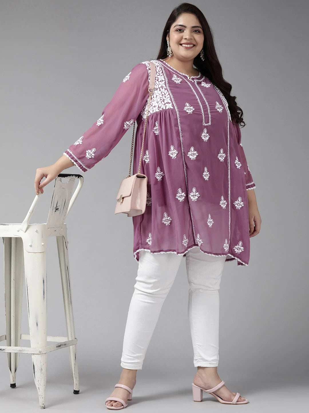 Ada Hand Embroidered Mauve Georgette Lucknowi Chikankari Flared Kurti With slip A911150