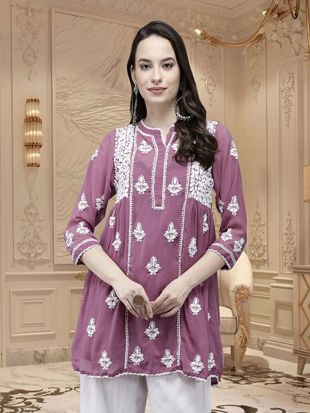 Ada Hand Embroidered Mauve Georgette Lucknowi Chikankari Flared Kurti With slip A911150