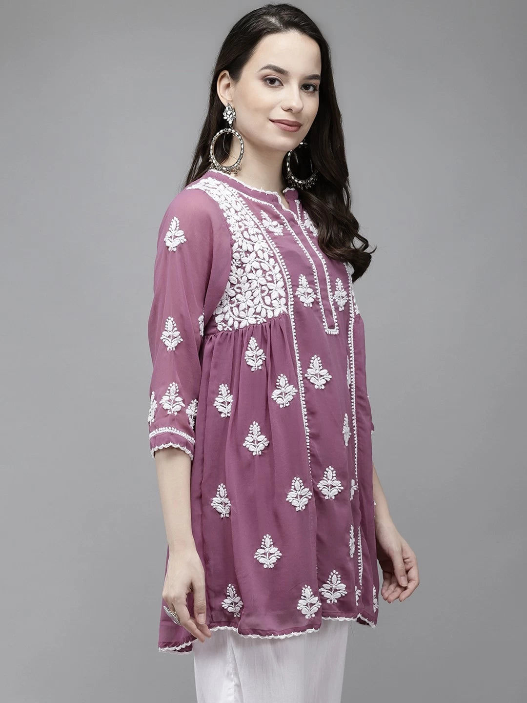Ada Hand Embroidered Mauve Georgette Lucknowi Chikankari Flared Kurti With slip A911150