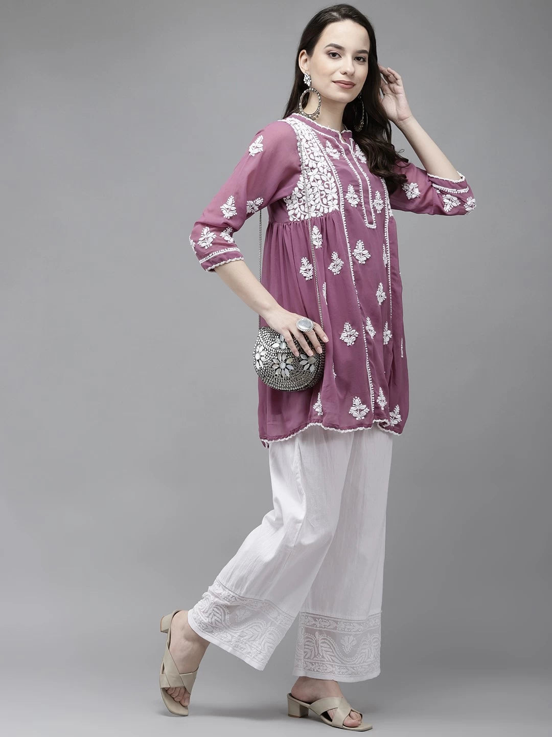 Ada Hand Embroidered Mauve Georgette Lucknowi Chikankari Flared Kurti With slip A911150