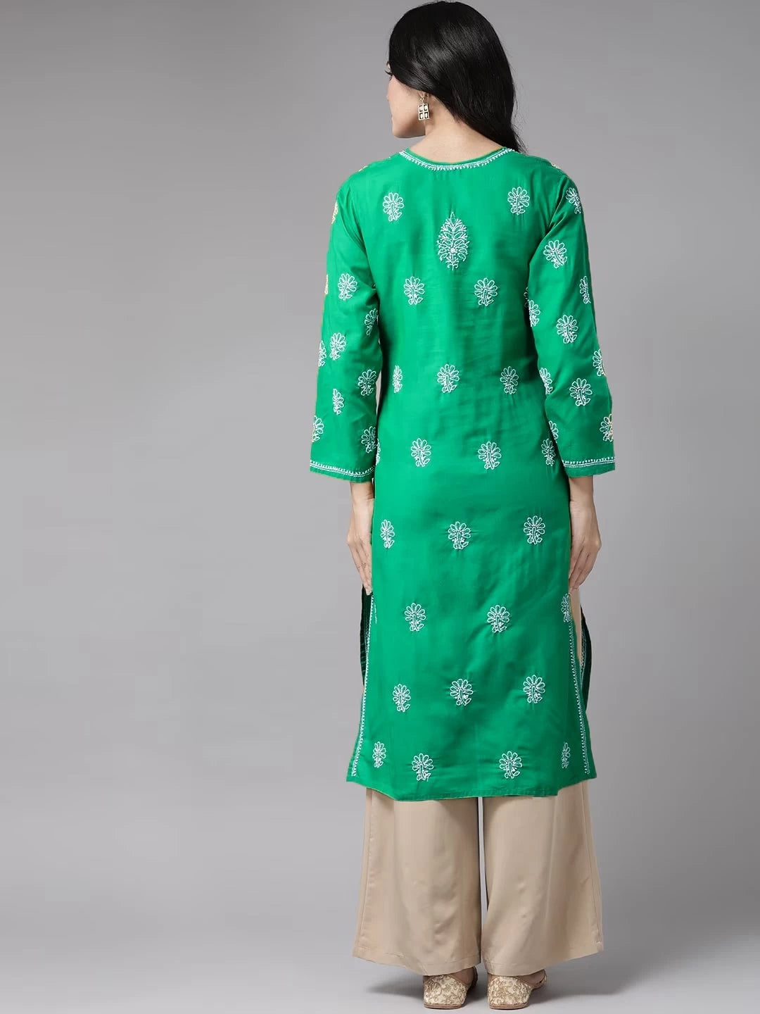 Ada Hand Embroidered Bottle Green Cotton Lucknowi Chikankari Straight Kurta A411476