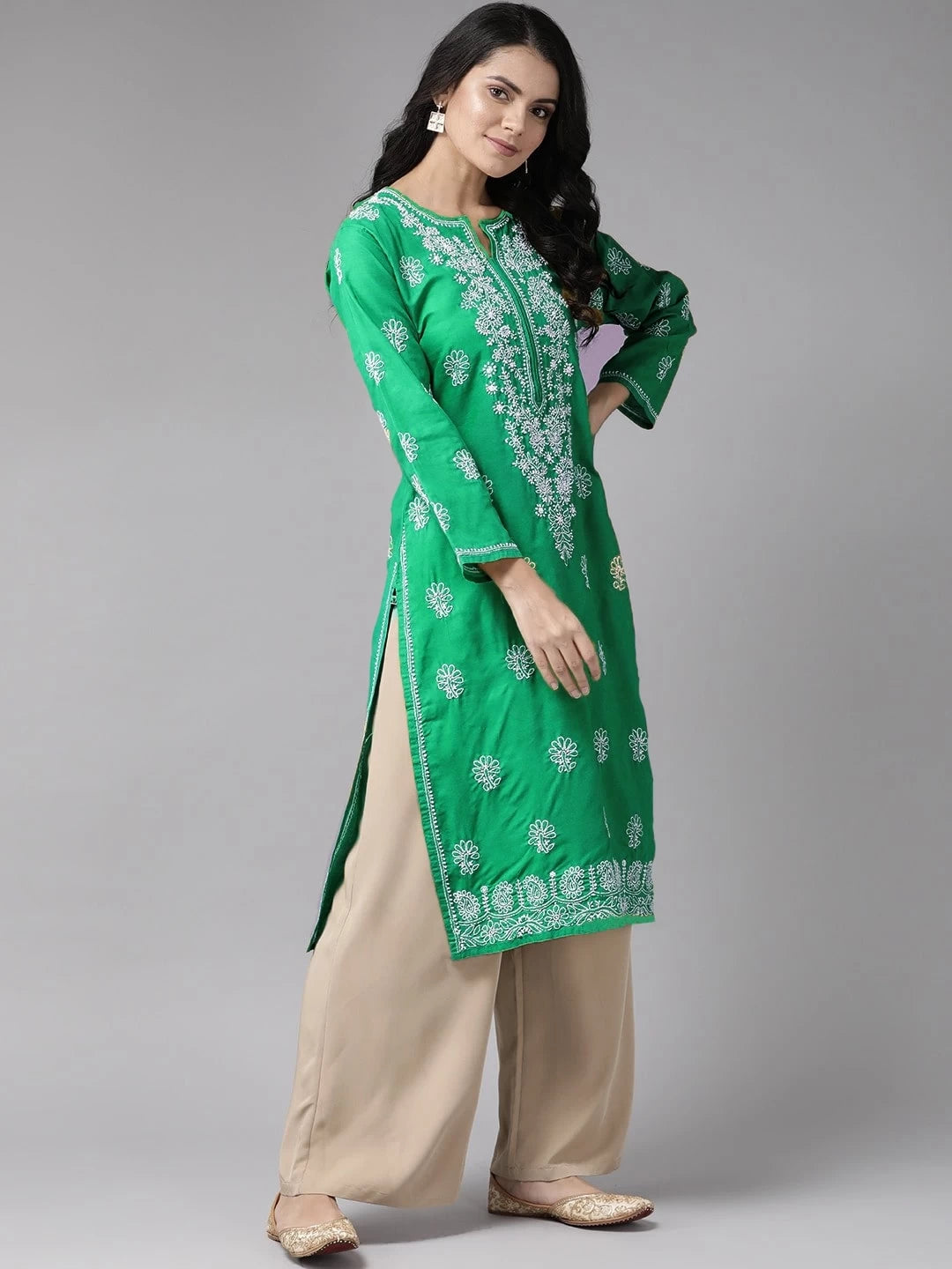 Ada Hand Embroidered Bottle Green Cotton Lucknowi Chikankari Straight Kurta A411476