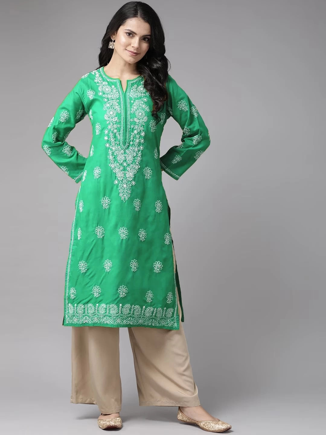 Ada Hand Embroidered Bottle Green Cotton Lucknowi Chikankari Straight Kurta A411476