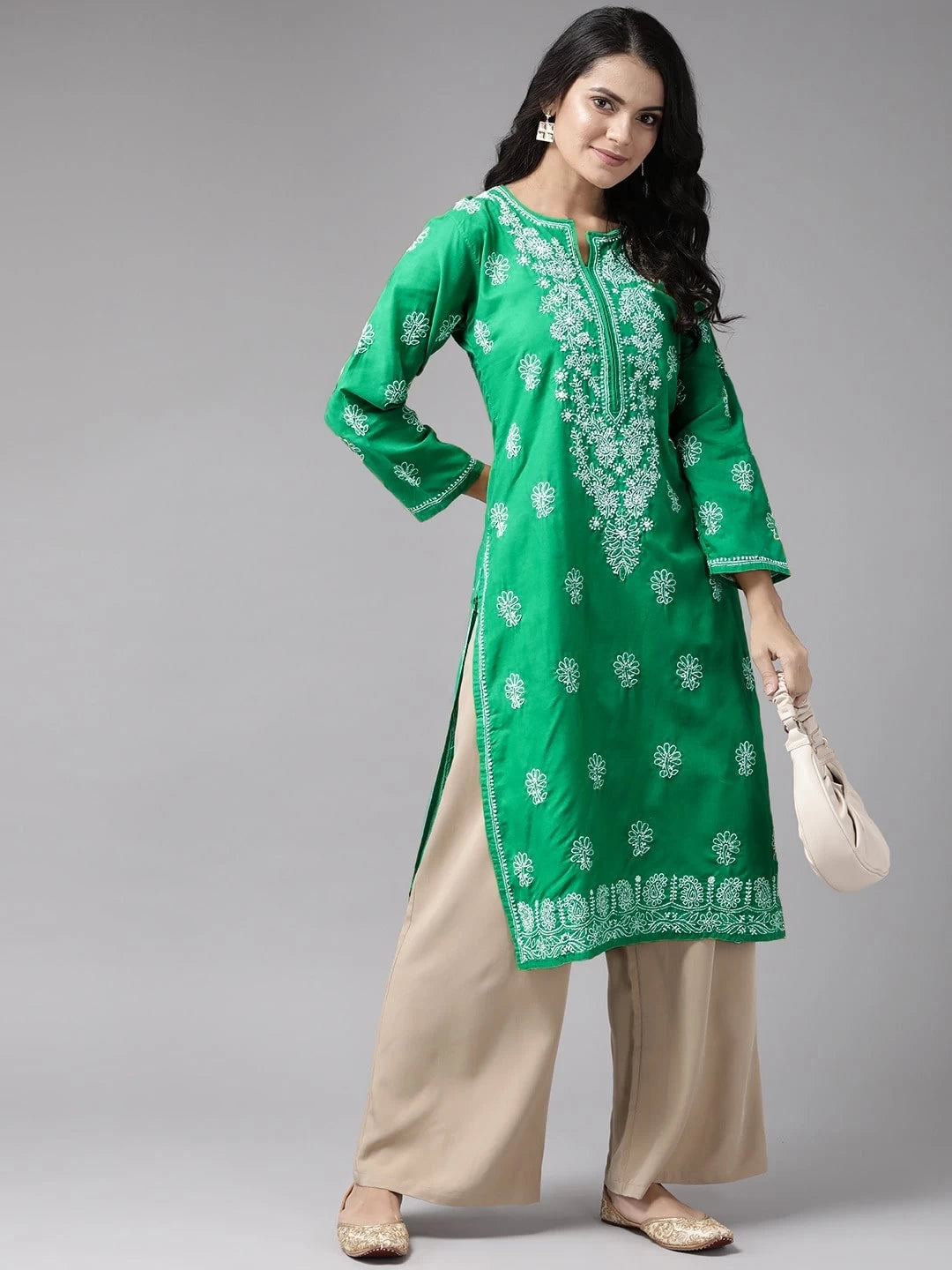 Ada Hand Embroidered Bottle Green Cotton Lucknowi Chikankari Straight Kurta A411476