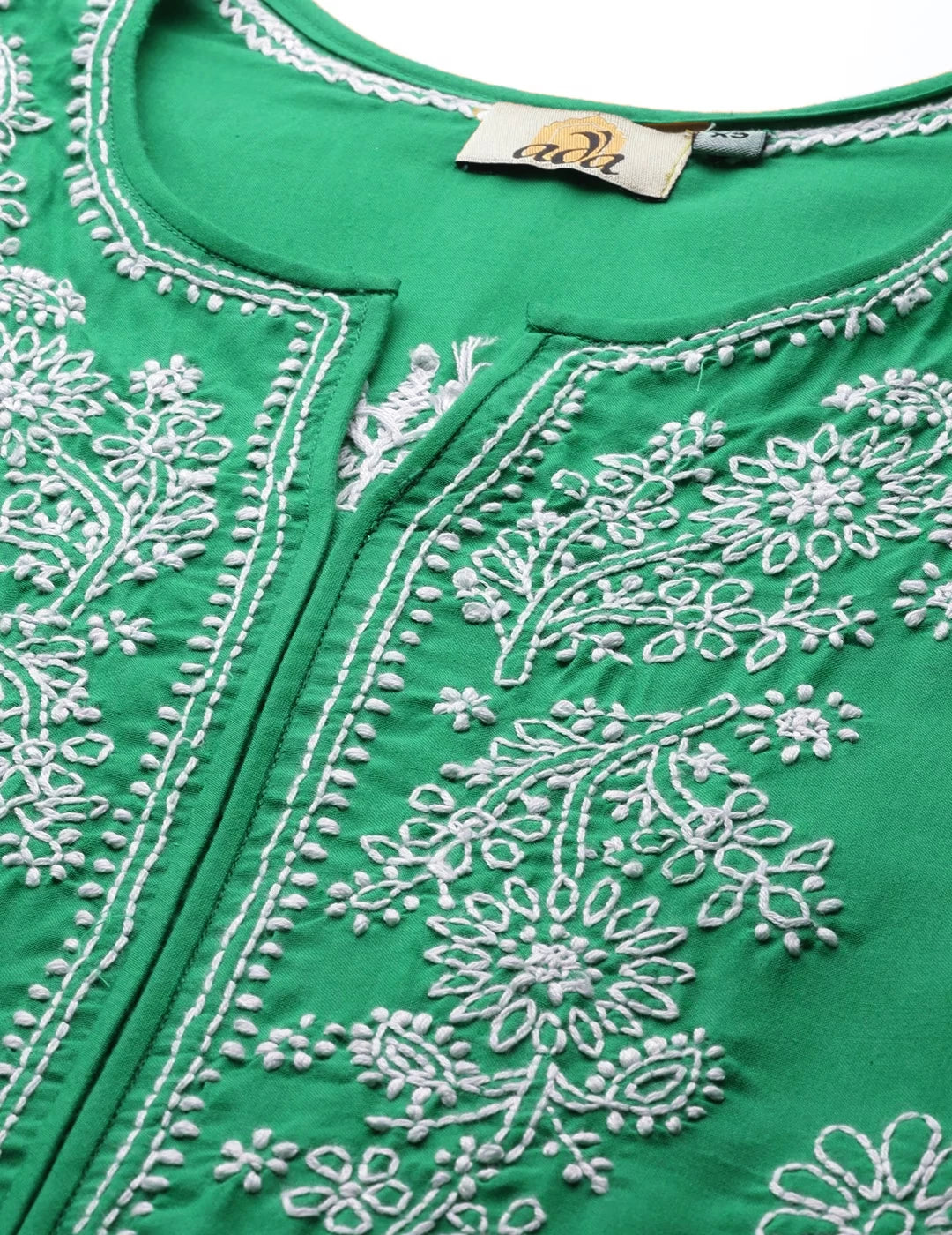 Ada Hand Embroidered Bottle Green Cotton Lucknowi Chikankari Straight Kurta A411476