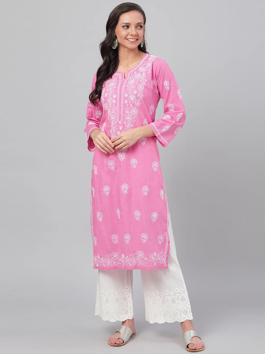 Ada Hand Embroidered Onion Pink Cotton Lucknowi Chikankari Straight Kurta A207143