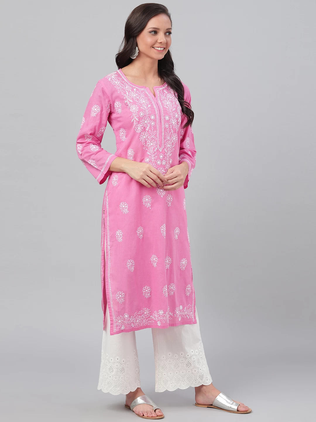 Ada Hand Embroidered Onion Pink Cotton Lucknowi Chikankari Straight Kurta A207143