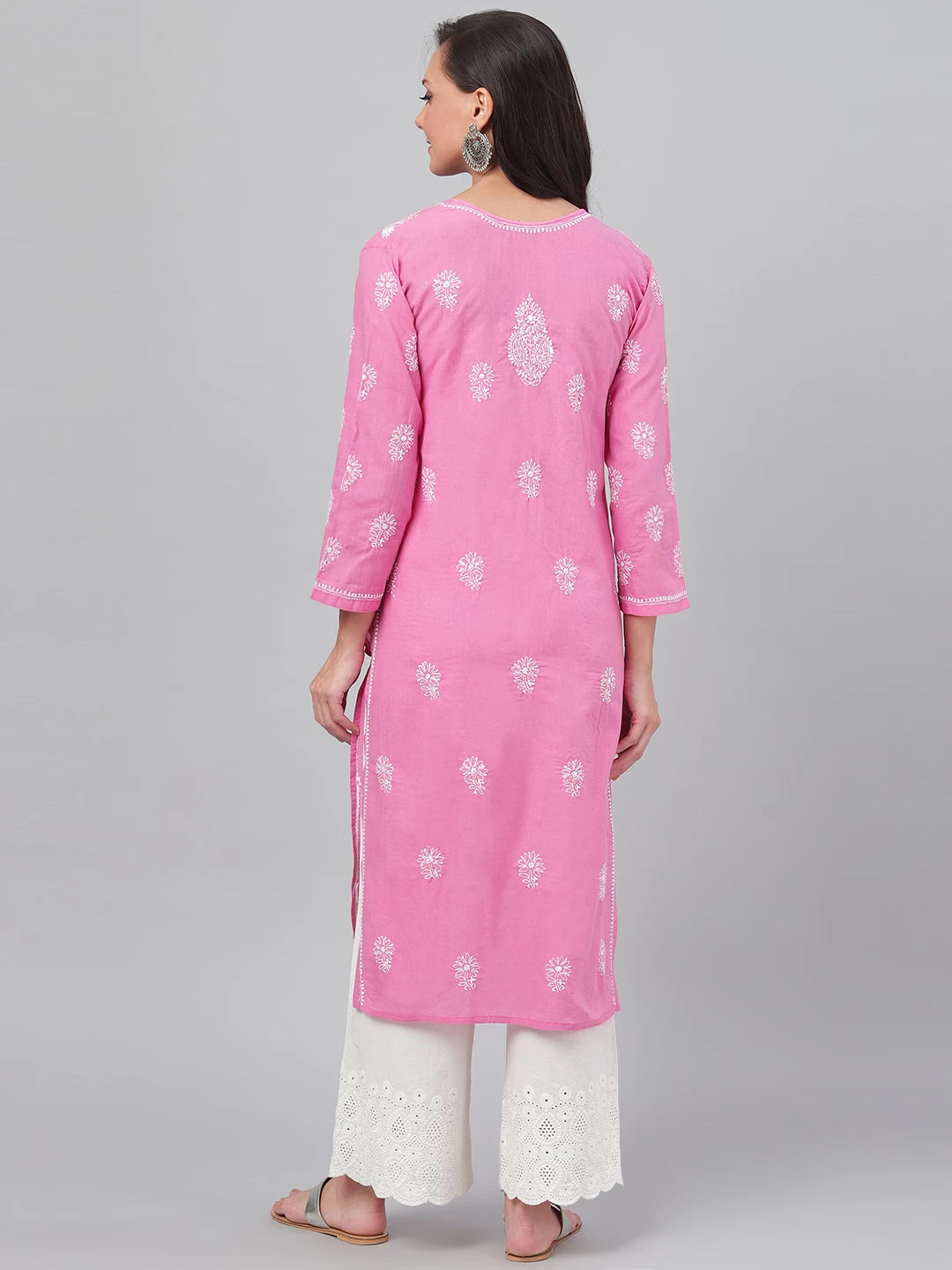 Ada Hand Embroidered Onion Pink Cotton Lucknowi Chikankari Straight Kurta A207143