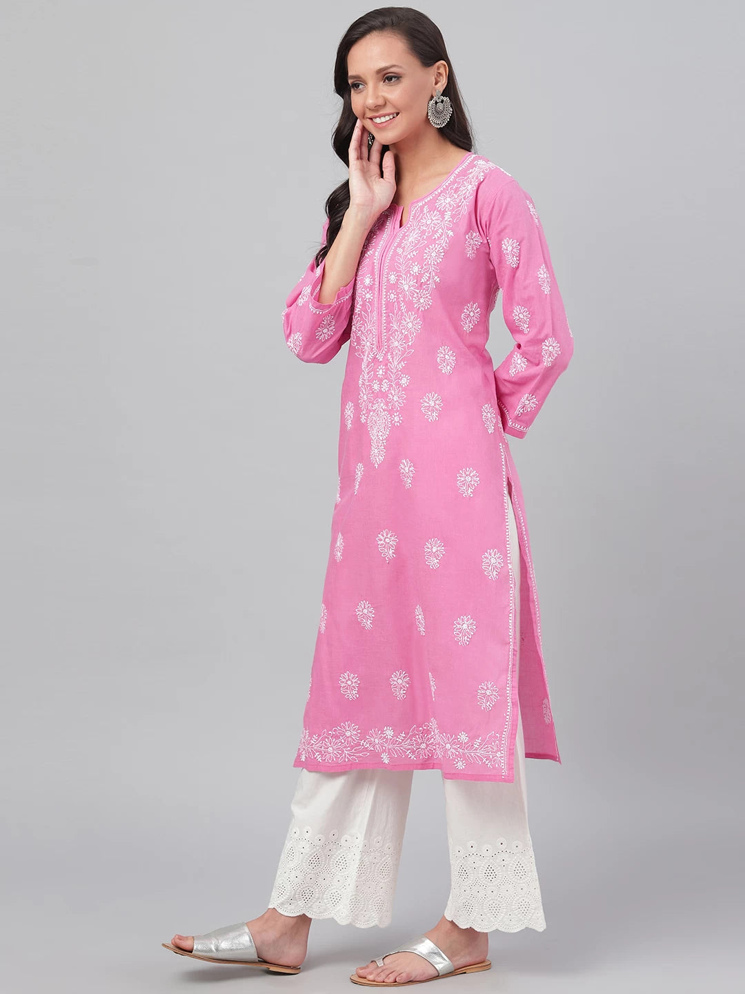 Ada Hand Embroidered Onion Pink Cotton Lucknowi Chikankari Straight Kurta A207143