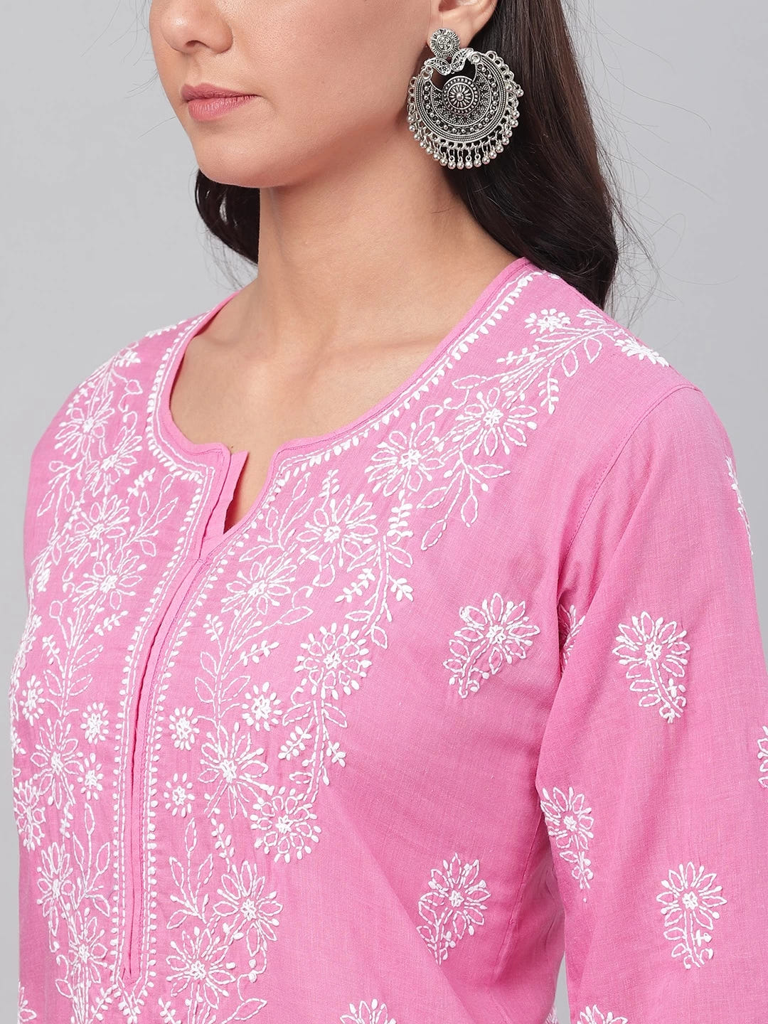 Ada Hand Embroidered Onion Pink Cotton Lucknowi Chikankari Straight Kurta A207143