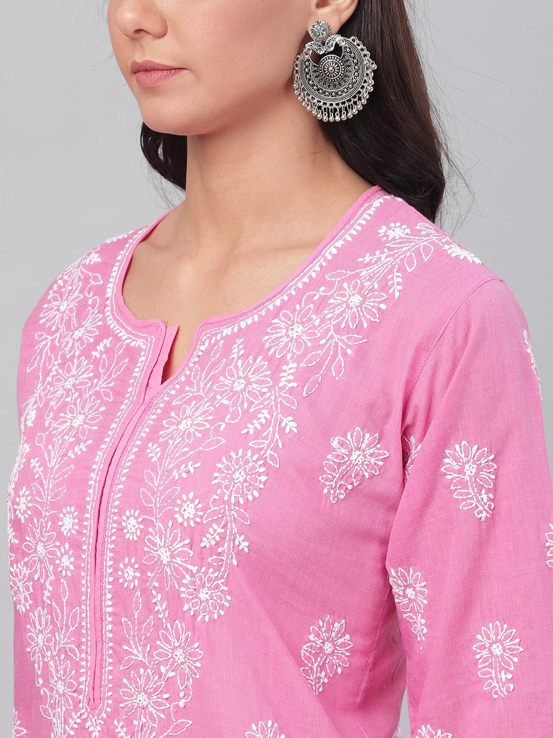 Ada Hand Embroidered Onion Pink Cotton Lucknowi Chikankari Straight Kurta A207143