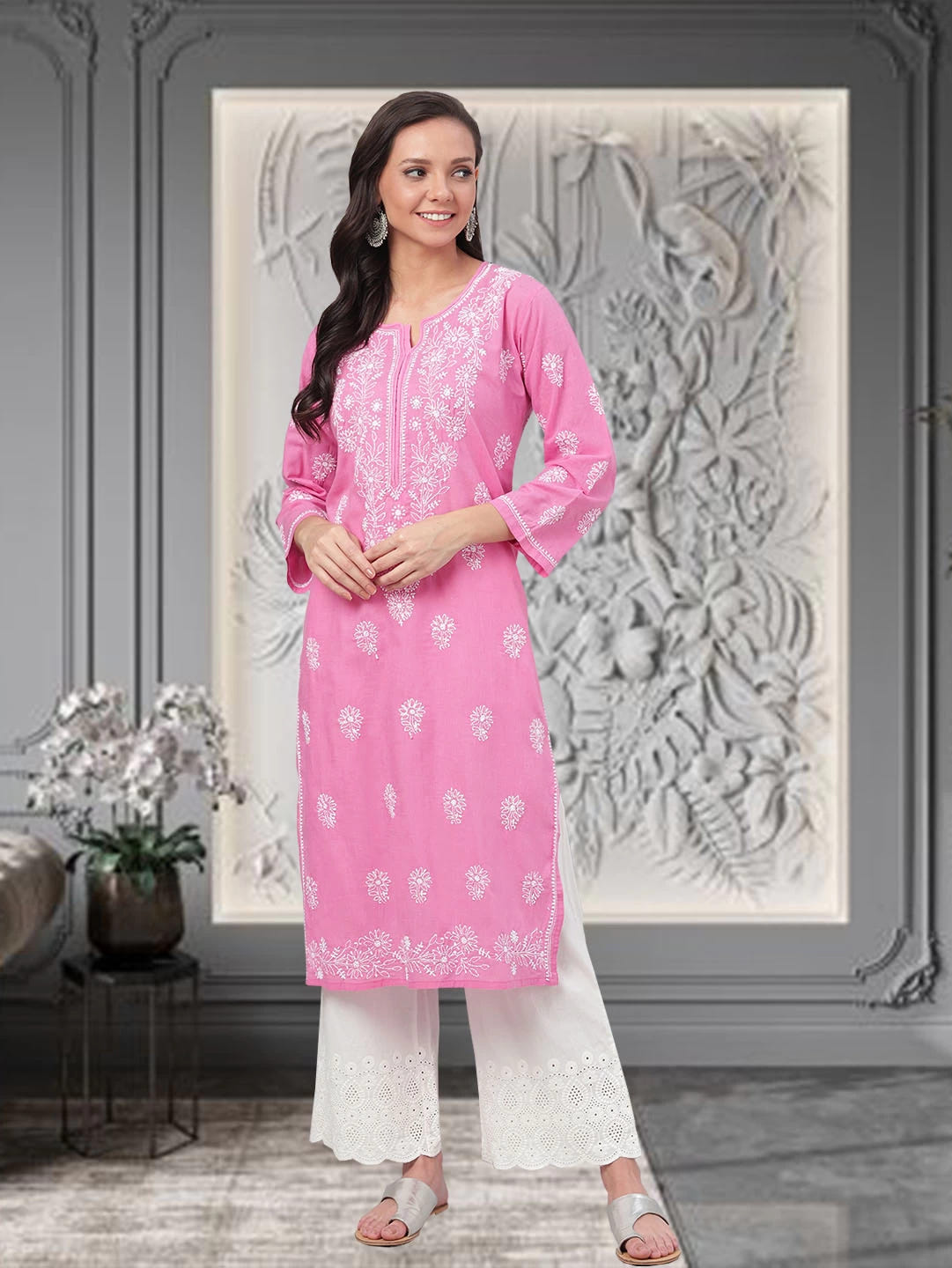 Ada Hand Embroidered Onion Pink Cotton Lucknowi Chikankari Straight Kurta A207143