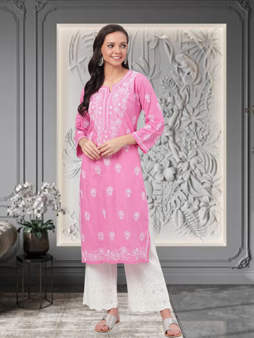 Ada Hand Embroidered Onion Pink Cotton Lucknowi Chikankari Straight Kurta A207143
