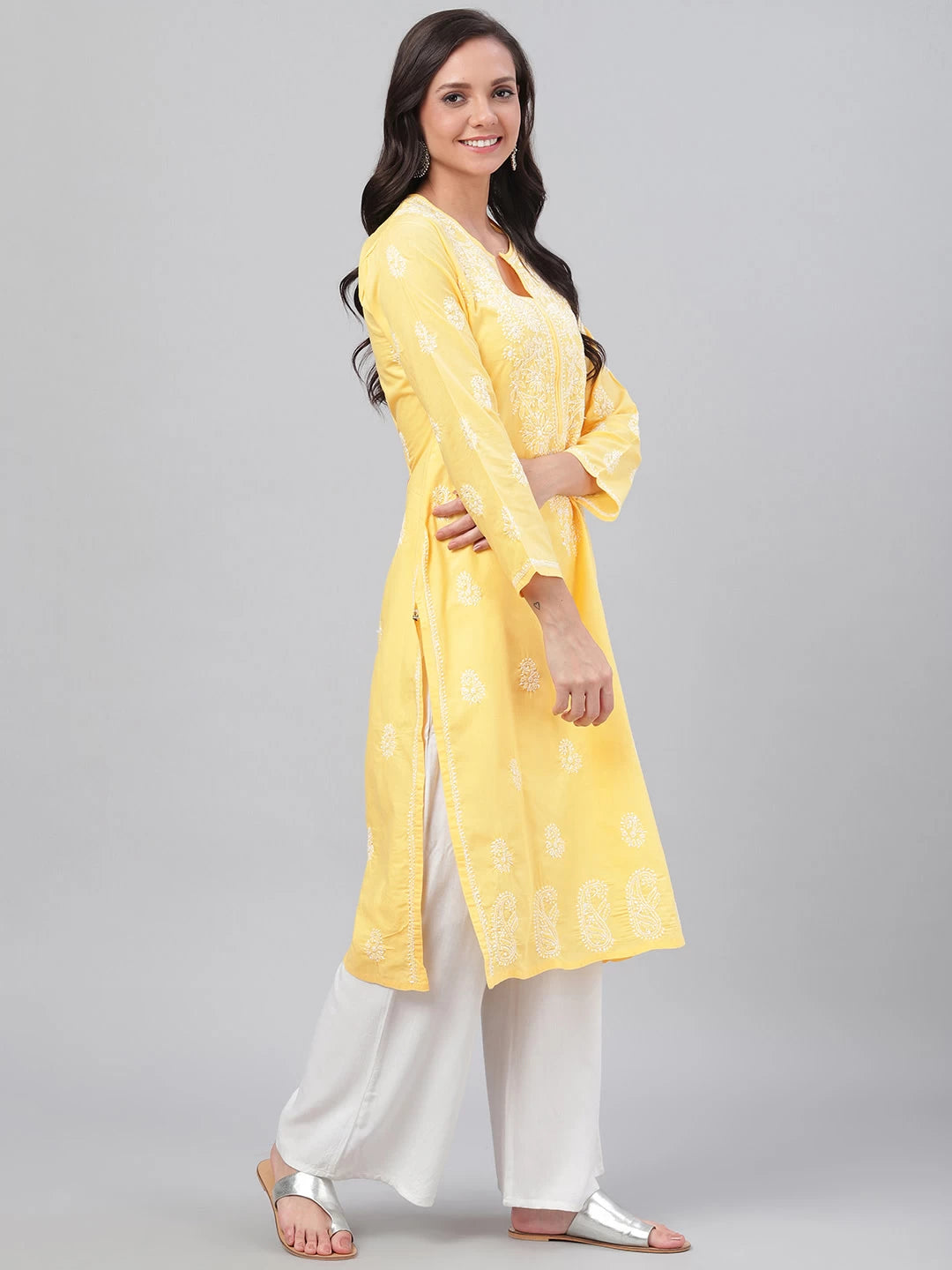 Ada Hand Embroidered Yellow Cotton Lucknowi Chikankari Straight Kurta A125581