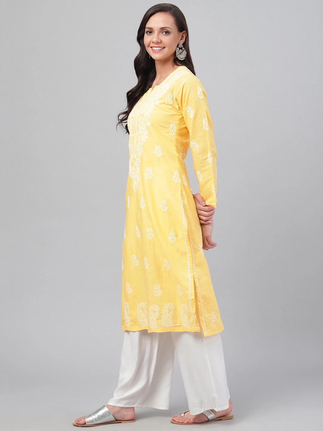 Ada Hand Embroidered Yellow Cotton Lucknowi Chikankari Straight Kurta A125581