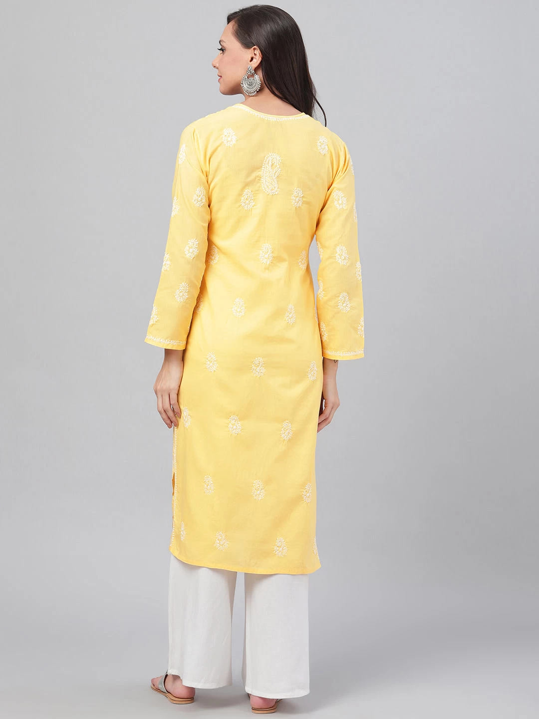 Ada Hand Embroidered Yellow Cotton Lucknowi Chikankari Straight Kurta A125581