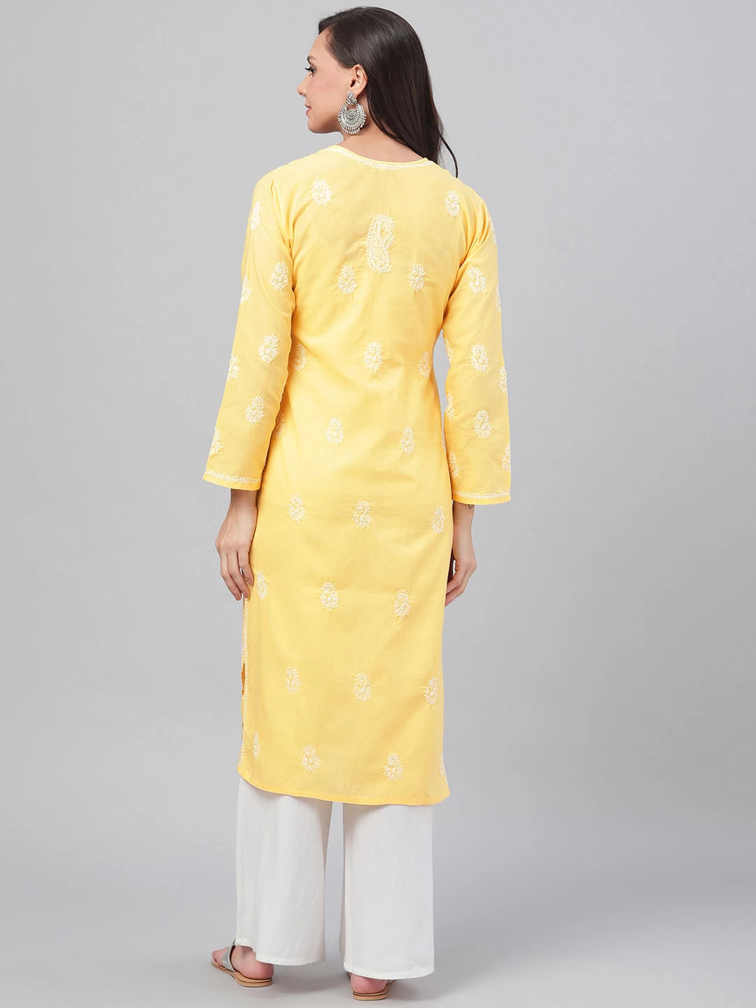 Ada Hand Embroidered Yellow Cotton Lucknowi Chikankari Straight Kurta A125581