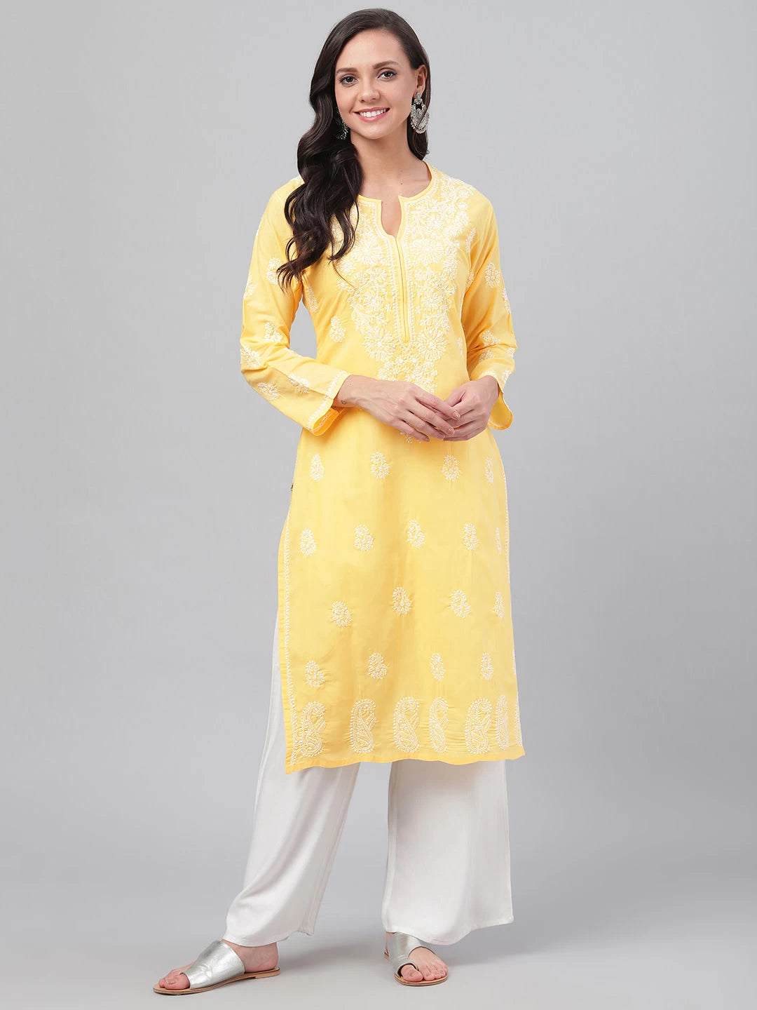Ada Hand Embroidered Yellow Cotton Lucknowi Chikankari Straight Kurta A125581