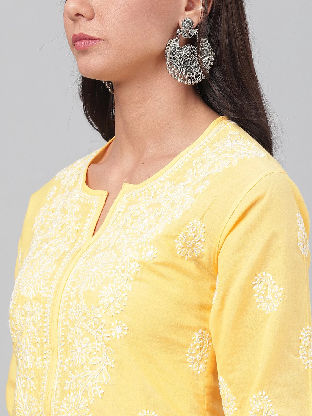 Ada Hand Embroidered Yellow Cotton Lucknowi Chikankari Straight Kurta A125581