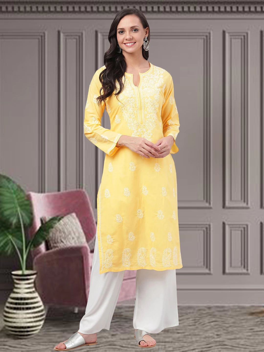 Ada Hand Embroidered Yellow Cotton Lucknowi Chikankari Straight Kurta A125581