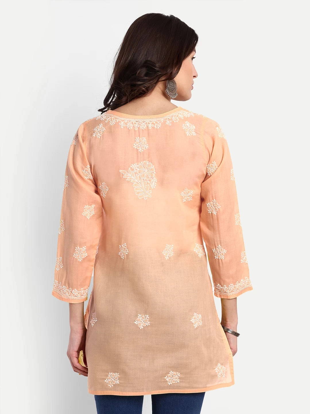 Ada Hand Embroidered Crayola Peach Cotton Lucknowi Chikankari Short Kurti A911334
