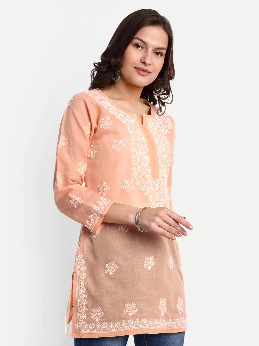 Ada Hand Embroidered Crayola Peach Cotton Lucknowi Chikankari Short Kurti A911334