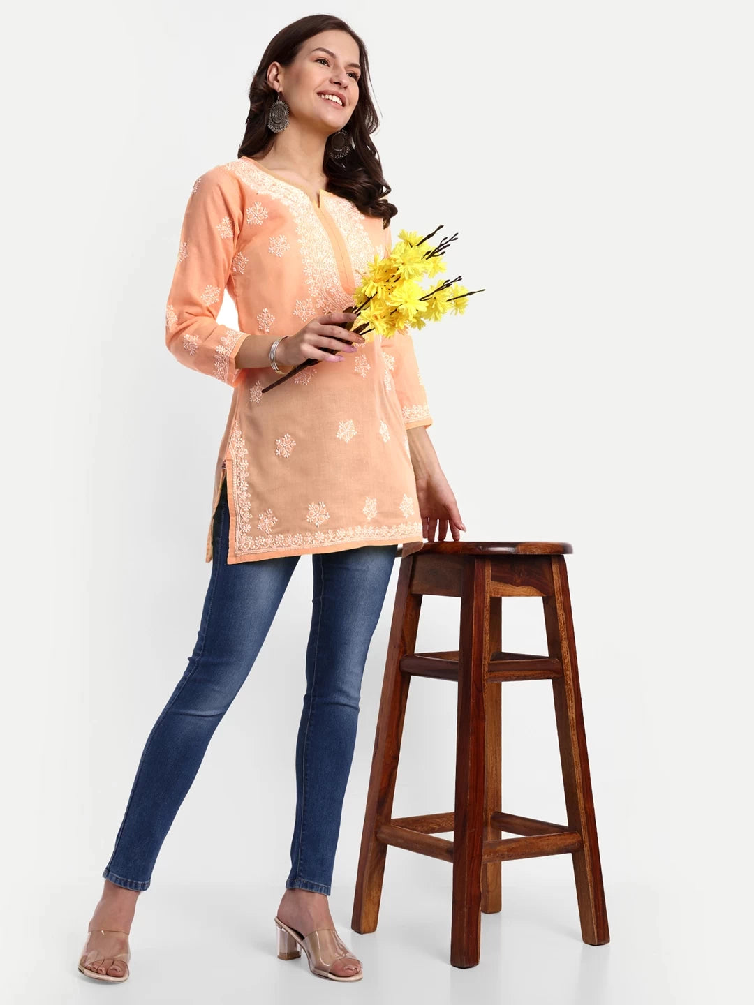 Ada Hand Embroidered Crayola Peach Cotton Lucknowi Chikankari Short Kurti A911334