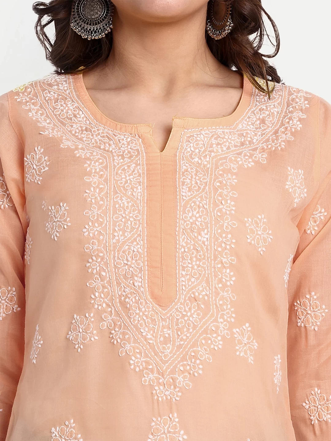 Ada Hand Embroidered Crayola Peach Cotton Lucknowi Chikankari Short Kurti A911334