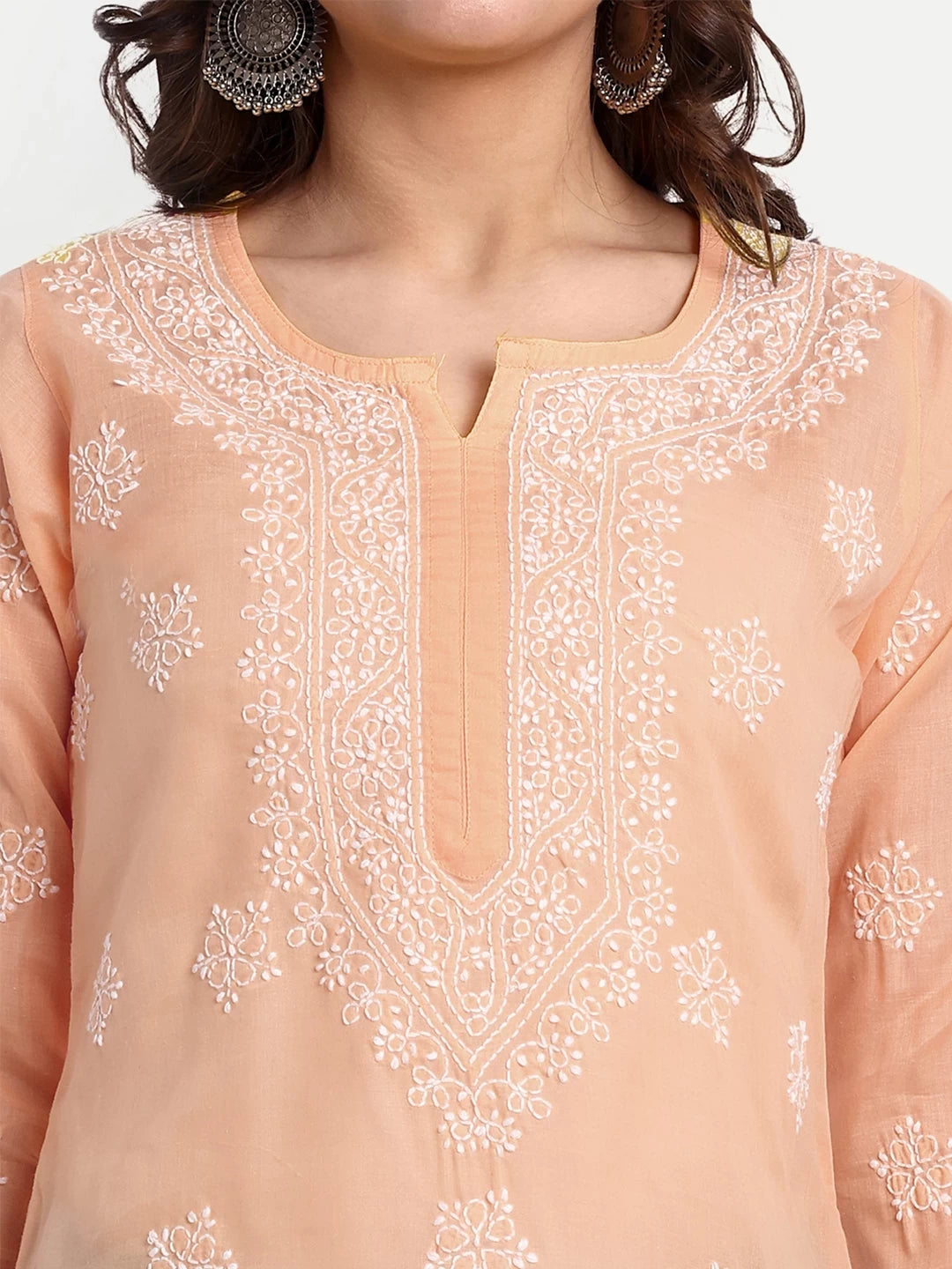 Ada Hand Embroidered Crayola Peach Cotton Lucknowi Chikankari Short Kurti A911334