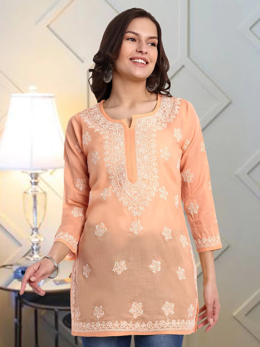 Ada Hand Embroidered Crayola Peach Cotton Lucknowi Chikankari Short Kurti A911334