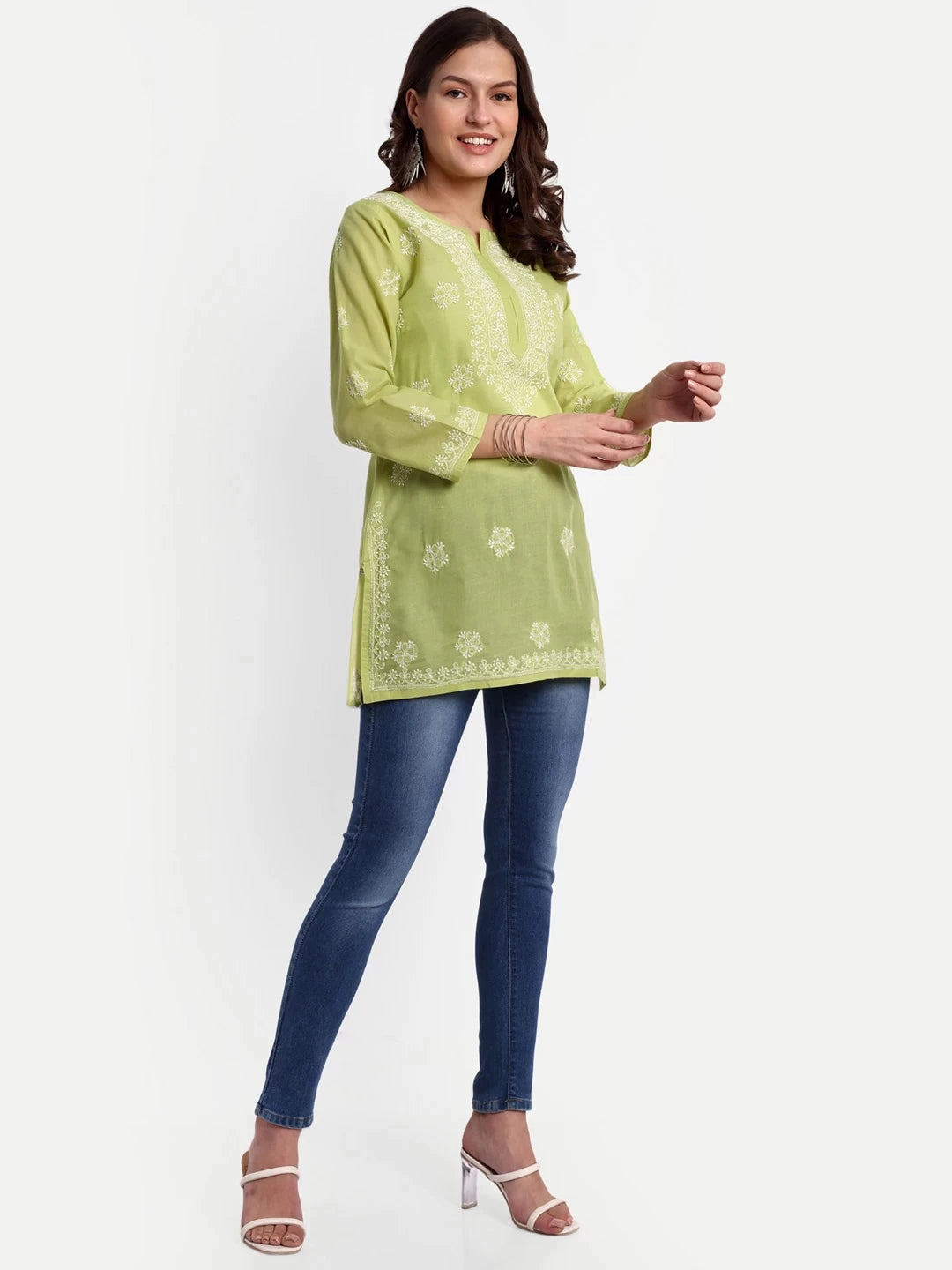 Ada Hand Embroidered Pear Green Cotton Lucknowi Chikankari Short Kurti A911330