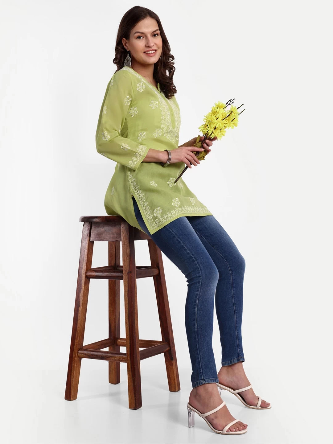 Ada Hand Embroidered Pear Green Cotton Lucknowi Chikankari Short Kurti A911330