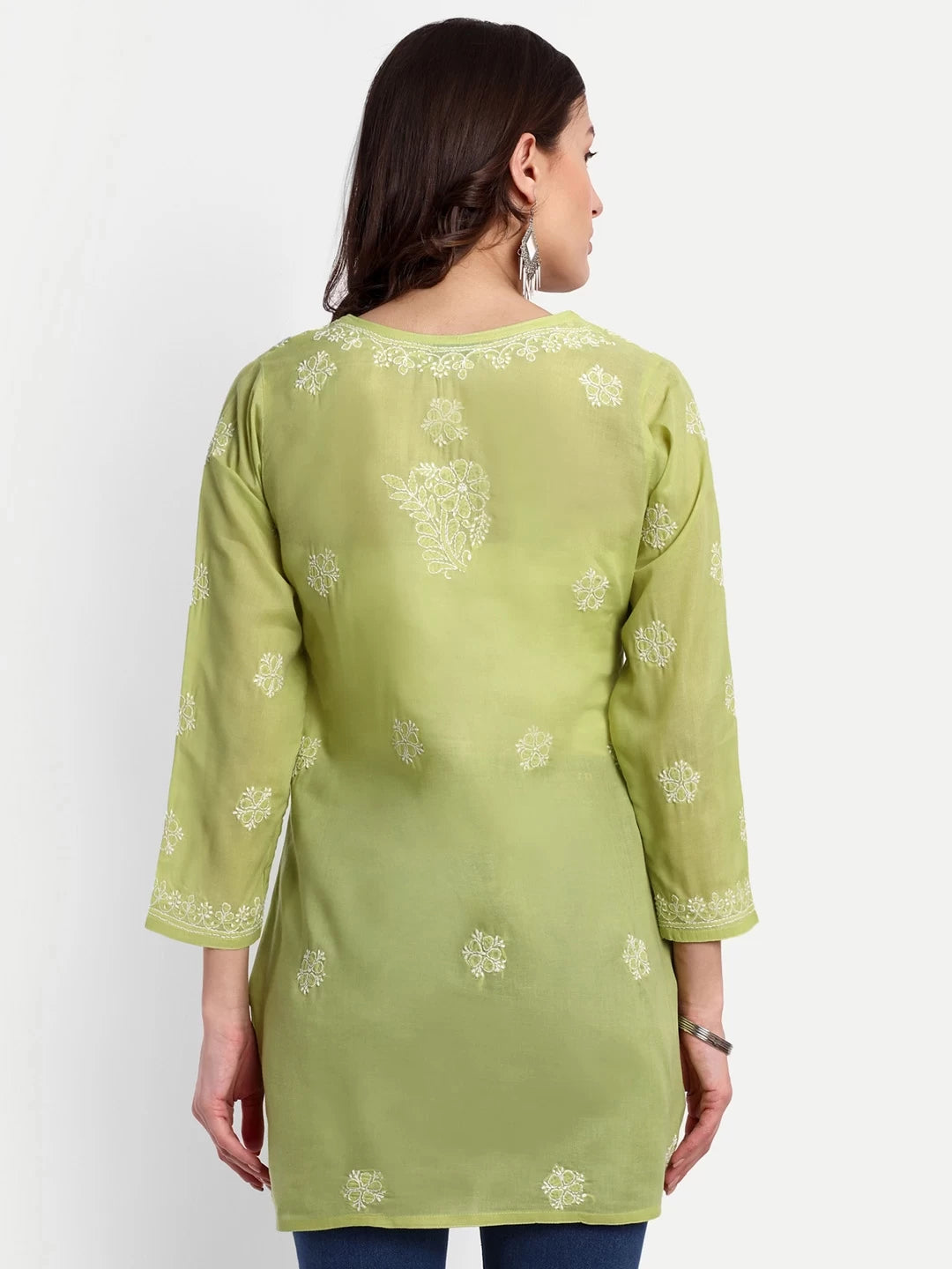 Ada Hand Embroidered Pear Green Cotton Lucknowi Chikankari Short Kurti A911330