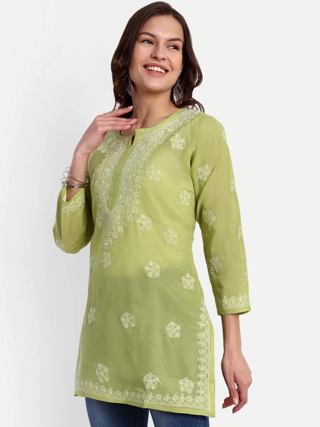 Ada Hand Embroidered Pear Green Cotton Lucknowi Chikankari Short Kurti A911330