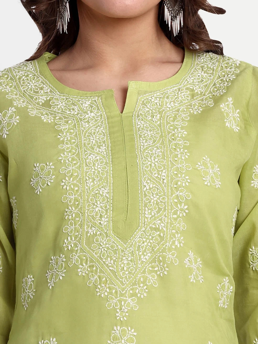 Ada Hand Embroidered Pear Green Cotton Lucknowi Chikankari Short Kurti A911330