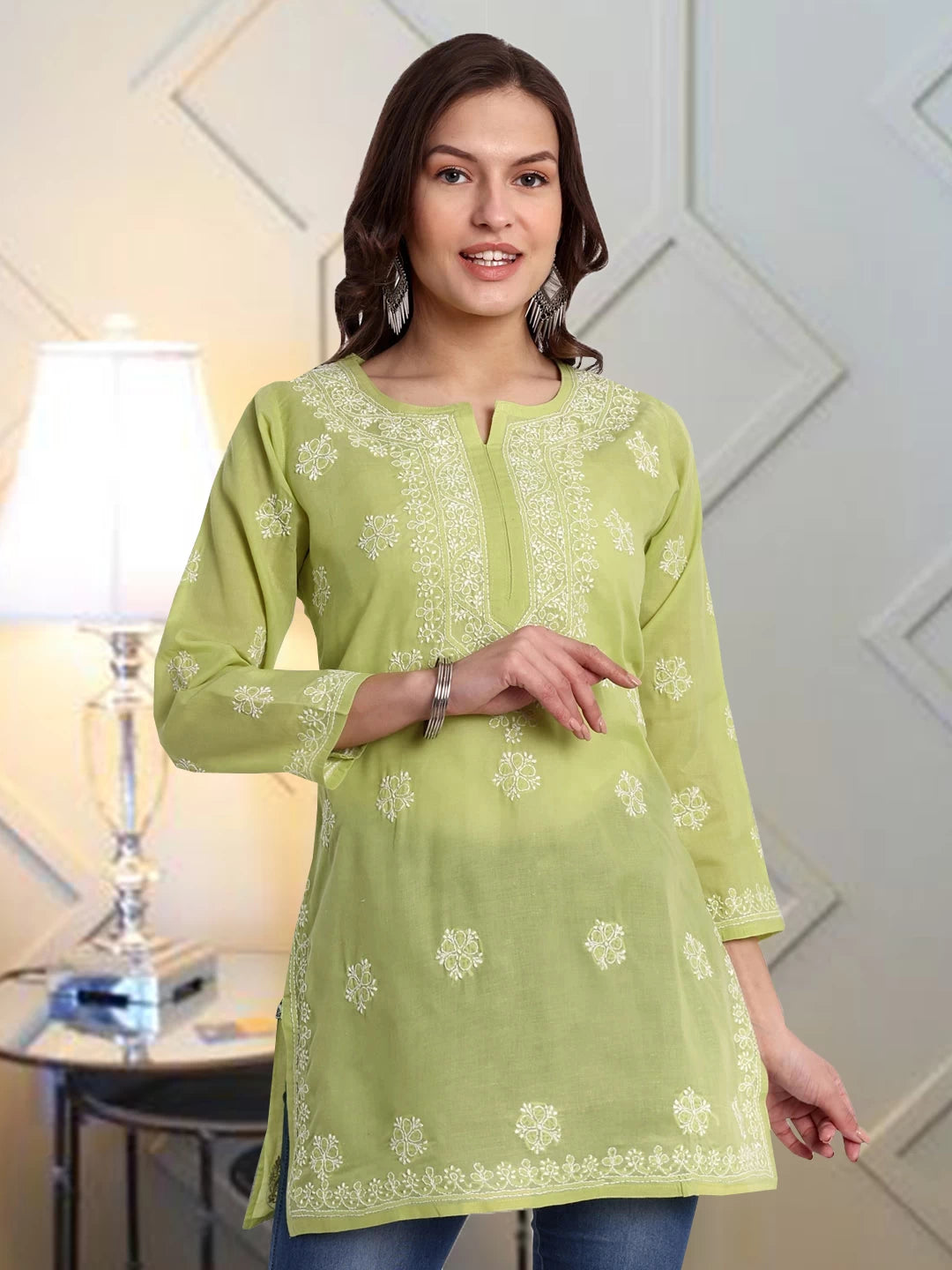 Ada Hand Embroidered Pear Green Cotton Lucknowi Chikankari Short Kurti A911330