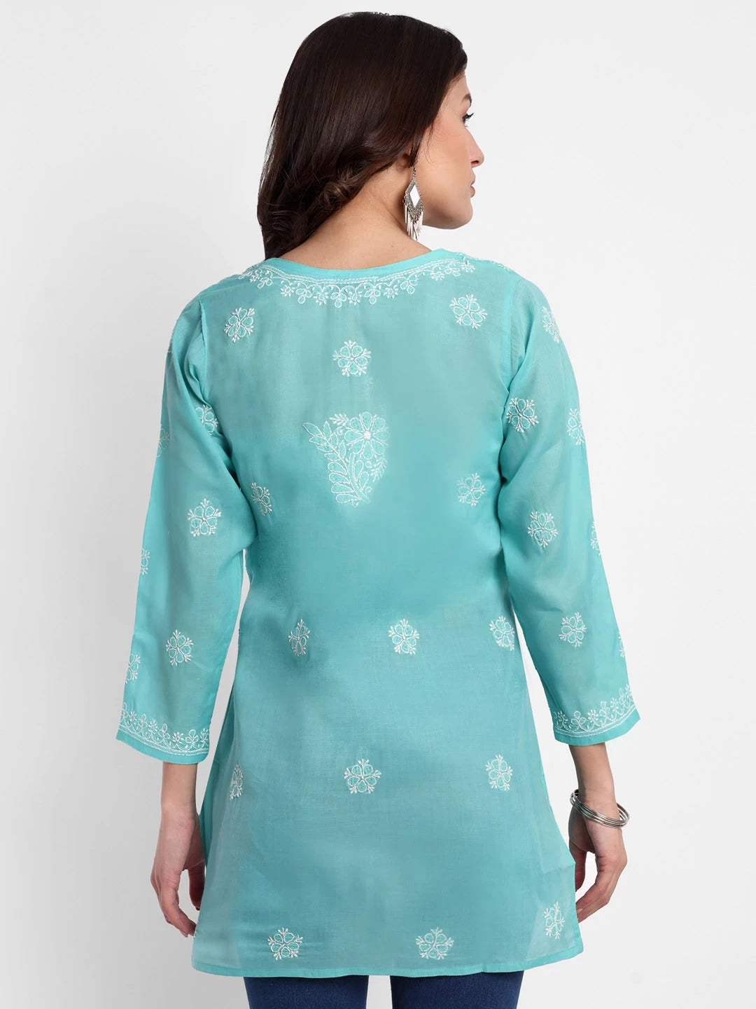 Ada Hand Embroidered Cyan Green Cotton Lucknowi Chikankari Straight Kurti A911332